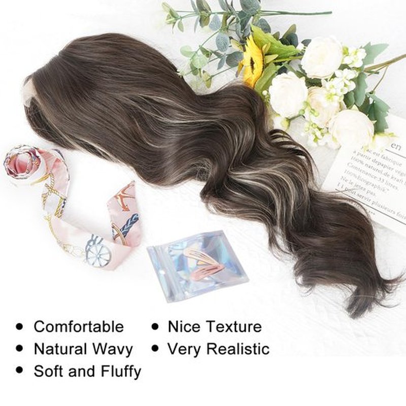 Long Brown Mixed Blonde Wig for Women 24 Inch Brown Wavy Wig Synthetic Middle Part Highlights Color Wigs Natural Looking Heat Resistant Fiber Wig for Daily Party Use (Brown Mixed Blonde)