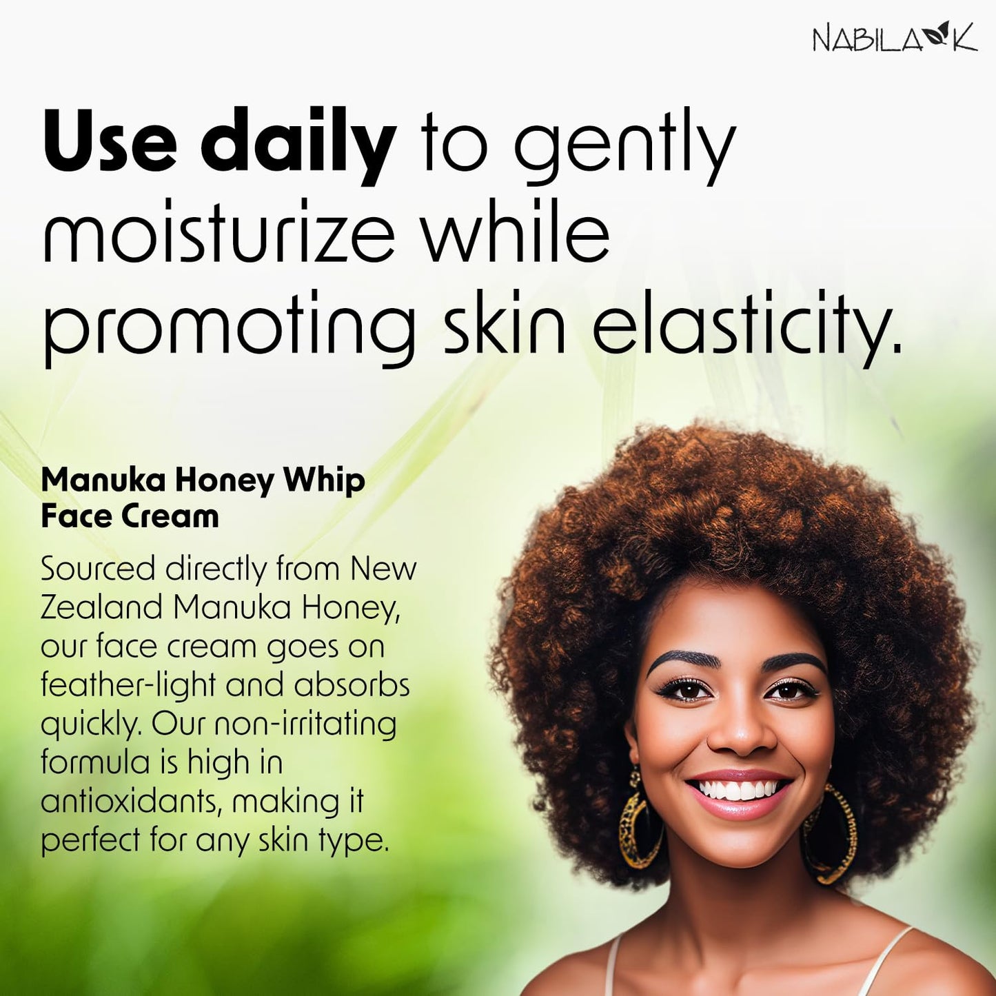 Nabila K - Manuka Honey Whip - Face Cream - Moisturizer - Aloe Vera & Shea Butter - Vitamin C - Vitamin B - Cruelty Free - Dry, Oily, or Sensitive Skin - Natural - Honey Fragrance - Made in USA - 5oz