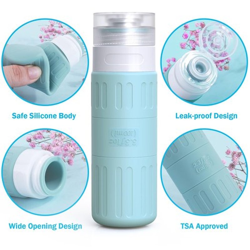 GLAMFIELDS Travel Bottles for Toiletries,TSA Approved 3.3oz Size LeakProof Silicone Toiletry Containers for Shampoo, Conditioner,Easy to Squeeze，Portable Travel Essentials for Lotion(18 Pack) Gray
