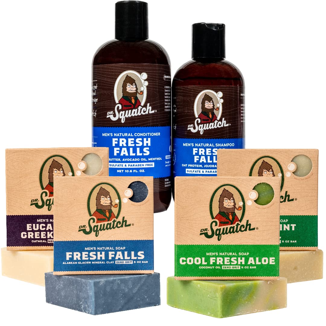 Dr. Squatch Men's Bar Soap Pack: Natural, Cool Fresh Aloe, Spearmint Basil, Eucalyptus Greek Yogurt Soaps, Fresh Falls Hair Care Shampoo and Conditioner