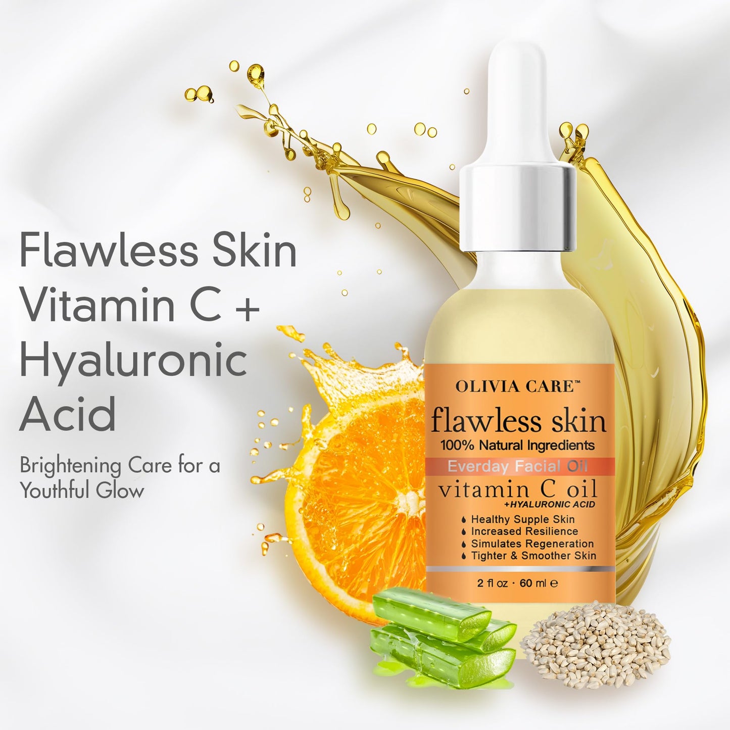 Olivia Care Vitamin C + Hyaluronic Acid Flawless Essential Facial Oil 100% Natural, Reviving, Hydrating, Calming & Soothing, Stabilize & Retain Moisture, 2 fl oz