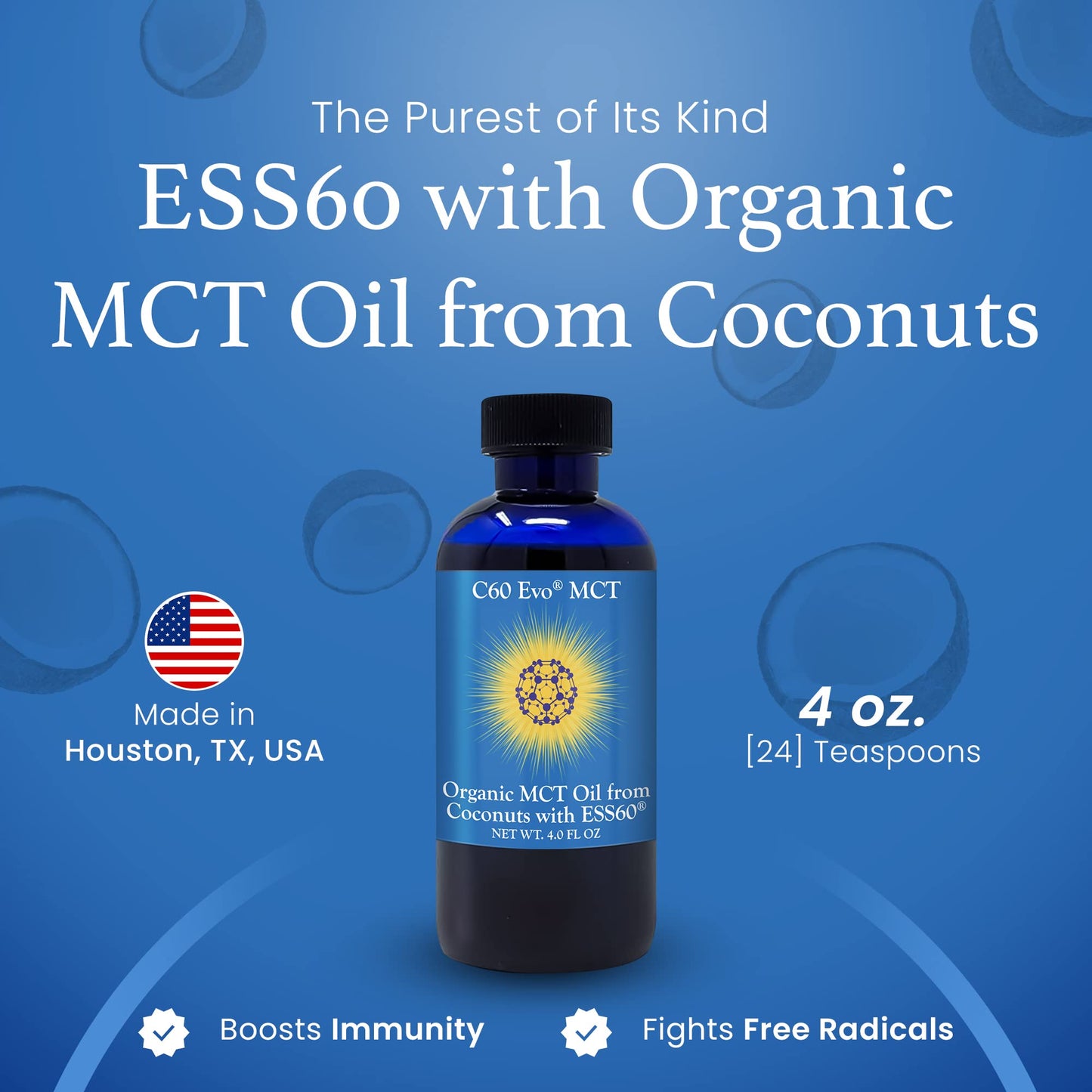 C60 Evo MCT Oil from Coconuts with C60 ESS60, Immune Support, Sleep Aid Rich in Antioxidants, Flexibility and Joint Support Supplement, Promotes MCT Wellness for Energy Boost (4 oz)