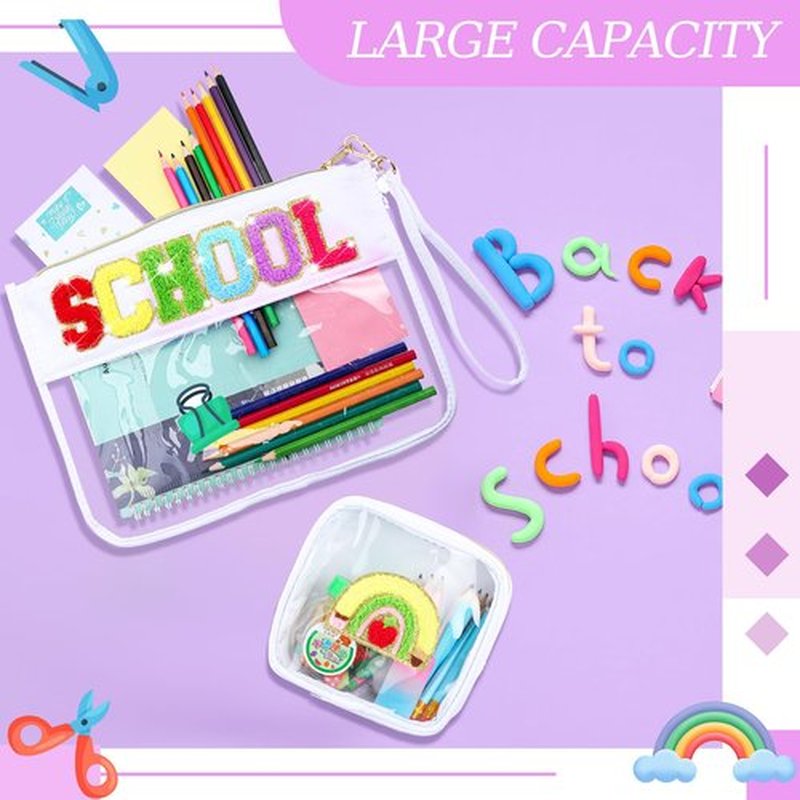 Hillban 2 Pcs Welcome Back Gift Chenille Letter Bags Preppy Patch Makeup Bag Flat First Day Purse Portable Toiletry Storage Bag for Women