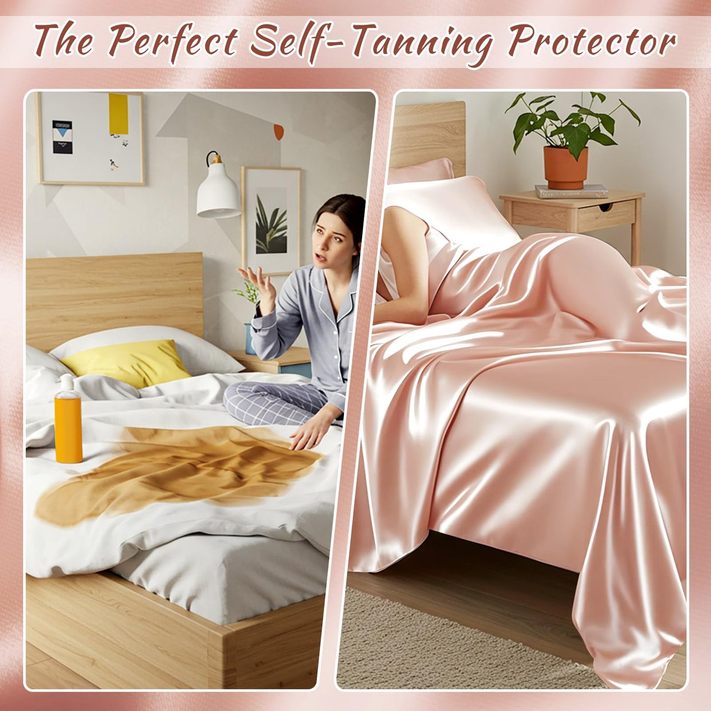 Irenare Protector 3 Pack Self Tan Sack Silk Sleep Sack Gift Set Reusable Body Lightweight Breathable with Self Tan Pillowcase and Storage Bag Tanning Sheet for Bed Travel Sleeping Bag(Rose Gold)
