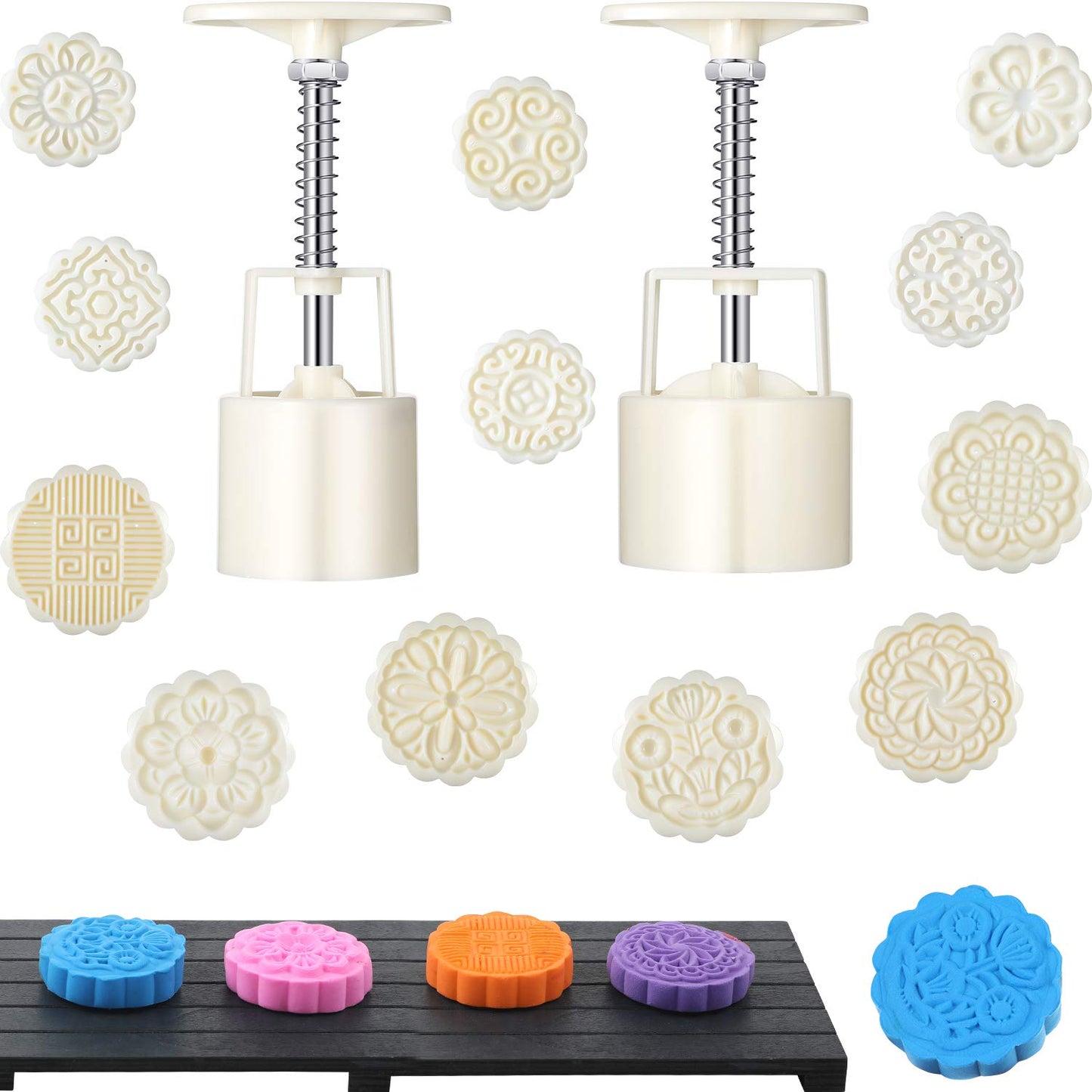 Boao 14 Pieces Bath Bomb Mold Kit Plastic Moon Cake Flowers Mold Supplies Press Includes 2 Pcs Shower Steamer Bath Bombs Press with 12 Pieces Stamps for Supply Making DIY Tools