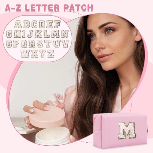 Small Personalized Initial A-Z Patch Makeup Bag,Pink Cute PU Leather Glitter Letter Cosmetic Bag for Teen Girls,Travel Toiletry Bag with Zipper,Preppy Monogrammed Birthday Gift for Daughter Niece M