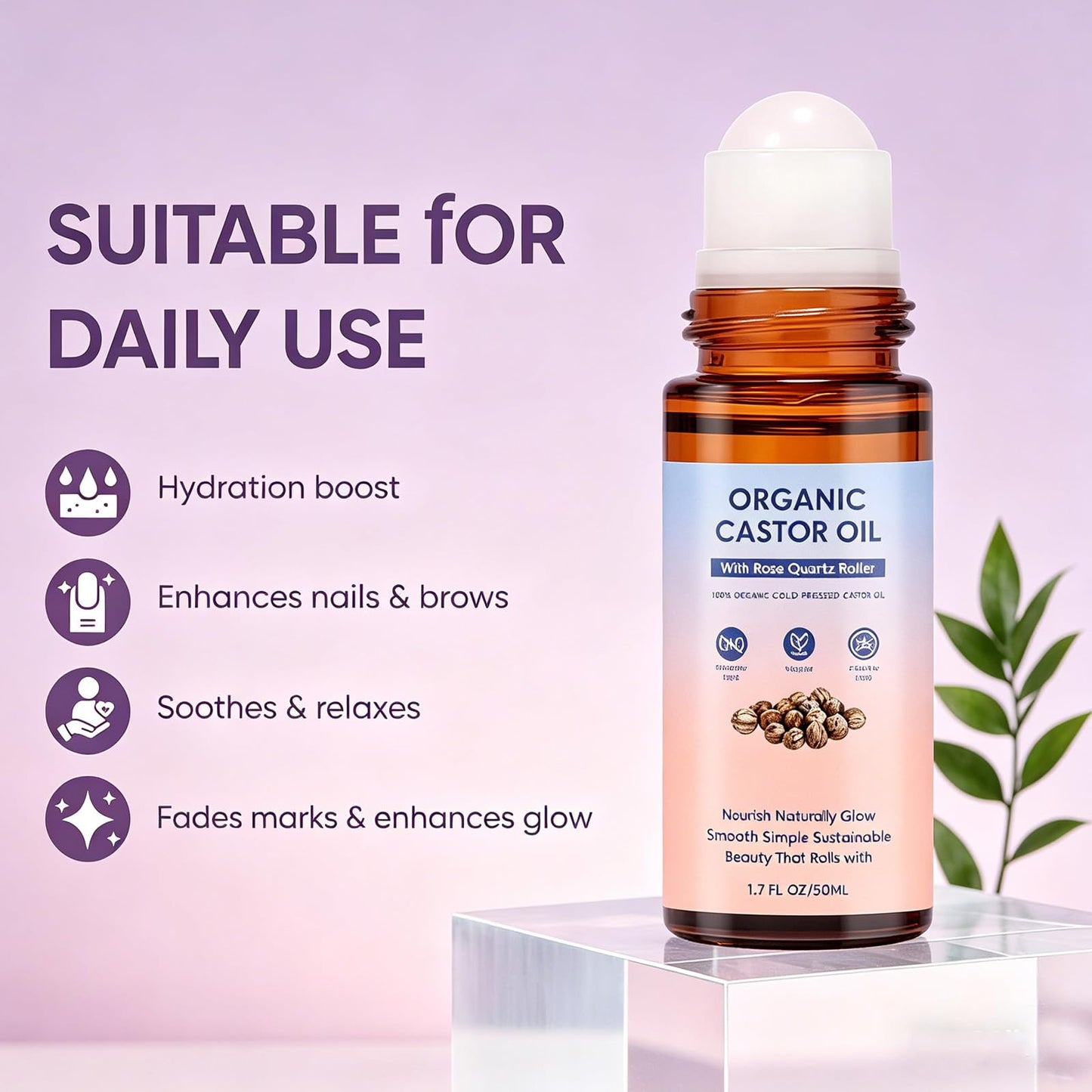 Omexry Organic Castor Oil Rose Quartz Roller Ball - Cold-Pressed Castor Oil Roll On, Rose Quartz Roller Olis for Hair Face & Body, Skin Moisturizing & Reduces Fine Lines (1PC)