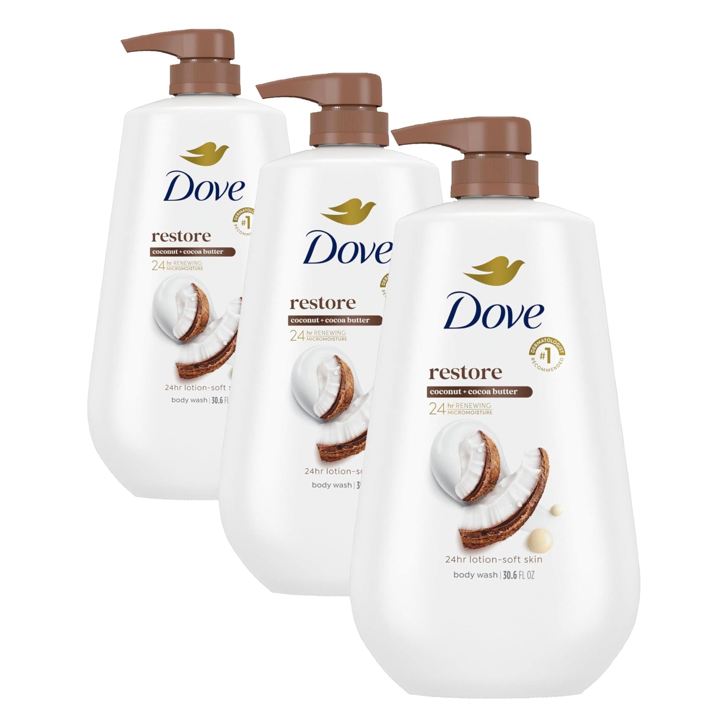 Dove Body Wash with Pump Restore Coconut & Cocoa Butter for 24hr Lotion-Soft Skin Moisturizing Skin Cleanser with No Sulfates No Parabens 30.6 Oz (Pack of 3)