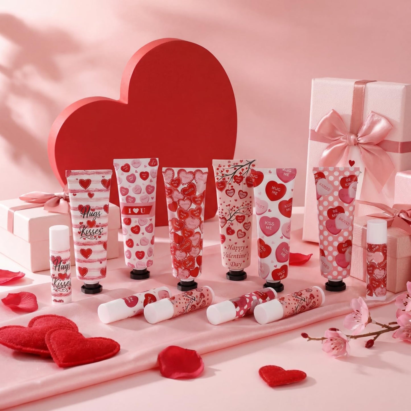 Demissle 6 Sets Bulk Hand Cream & Lip Balm Party Favors for Women – Red Heart Candy Moisturizing Hand Lotion Set, Mother's Day Basket Stuffers Gifts, Teacher & Coworker Appreciation Goodie Bags