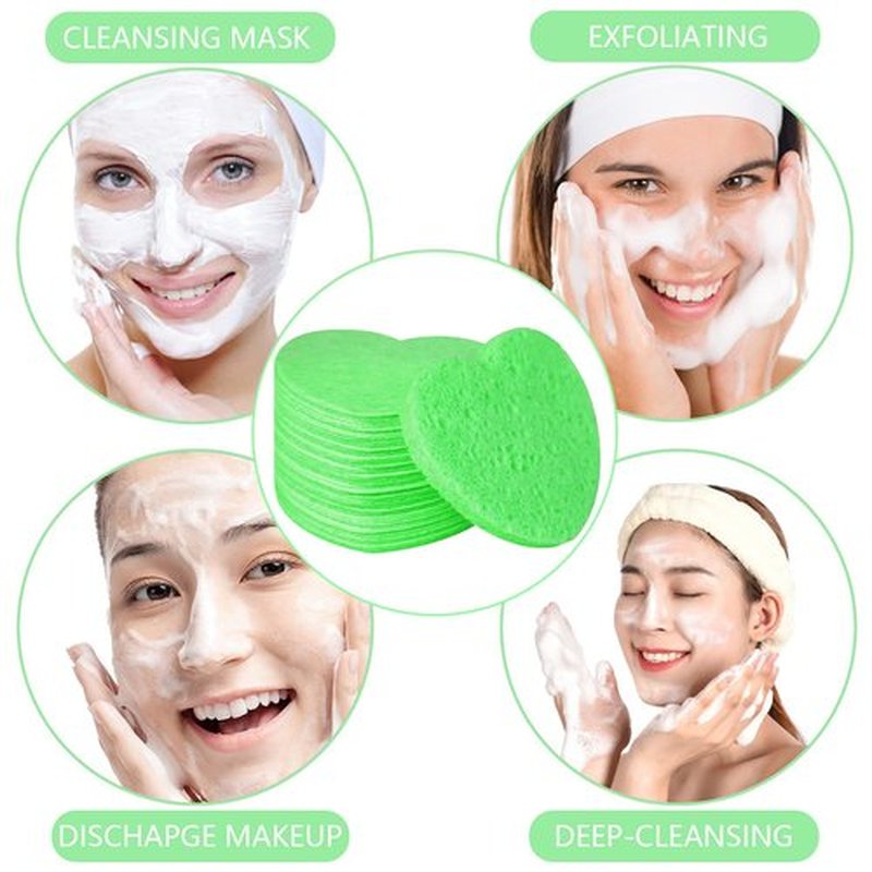 100-Count Compressed Facial Sponges for Estheticians Heart Shape Natural Cellulose Sponge Professional Cosmetic Spa Sponges for Face Cleansing, Massage, Pore Exfoliating, Mask, Makeup Removal, Green