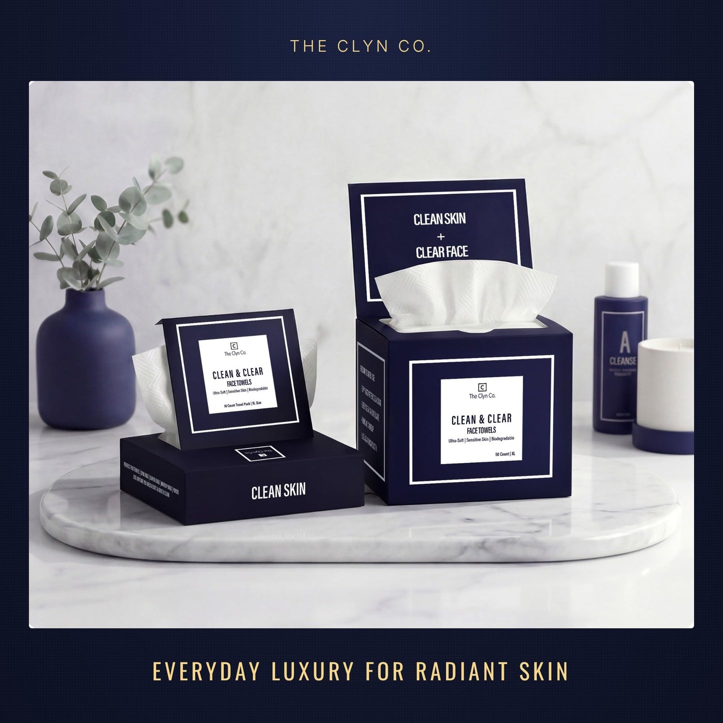 The Clyn Co. Clean & Clear Face Towels, Ultra Soft Disposable Facial Towels, 100% Biobased Viscose Face Wipes for Sensitive Skin, Lint-Free Makeup Remover, Luxury Magnetic-Lid Box, XL 10×12, 50 Count