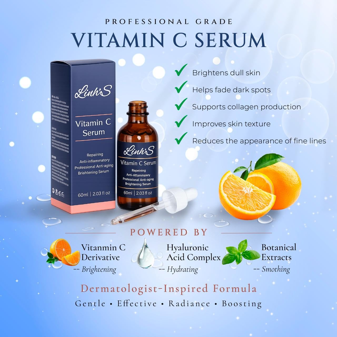 LINH’S Vitamin C Serum – Brightening Face Serum with Hyaluronic Acid, Dark Spot Corrector for Fine Lines, Uneven Skin Tone & Anti-Aging, 2.03 fl oz