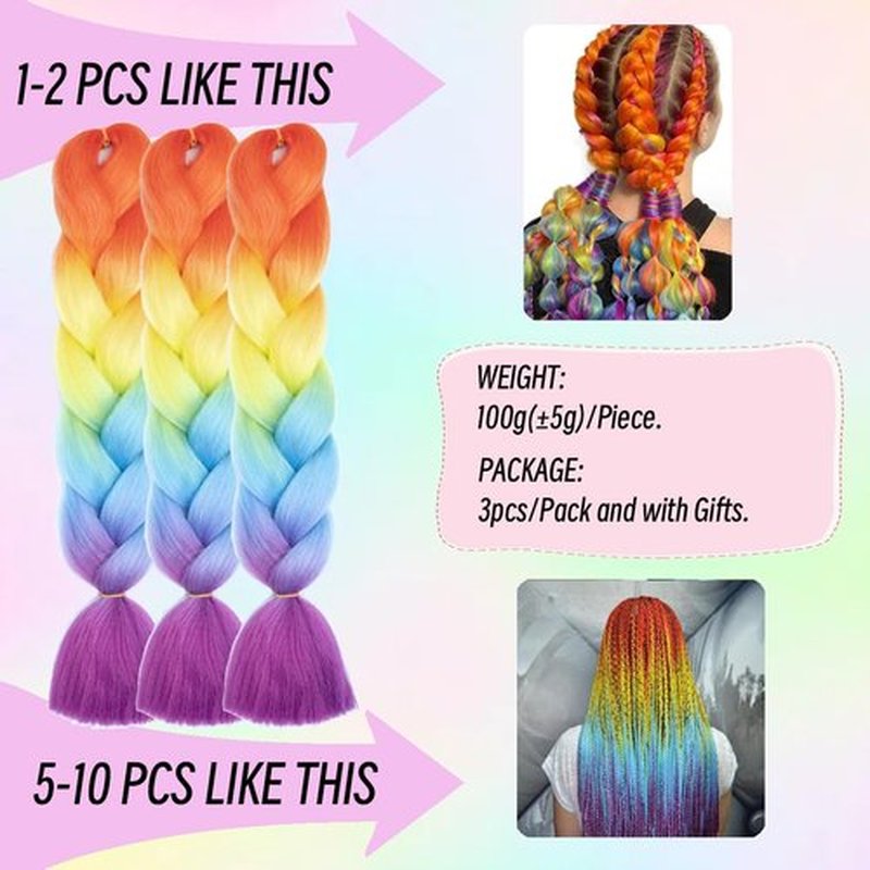 Jumbo Braiding Hair Fiber Silky Colorful Twist Braiding Hair 3pcs Rainbow Colors Extensions Synthetic Hair Orange Yellow Blue Purple Synthetic Fiber Soft Healthy (24 Inch 3pcs)