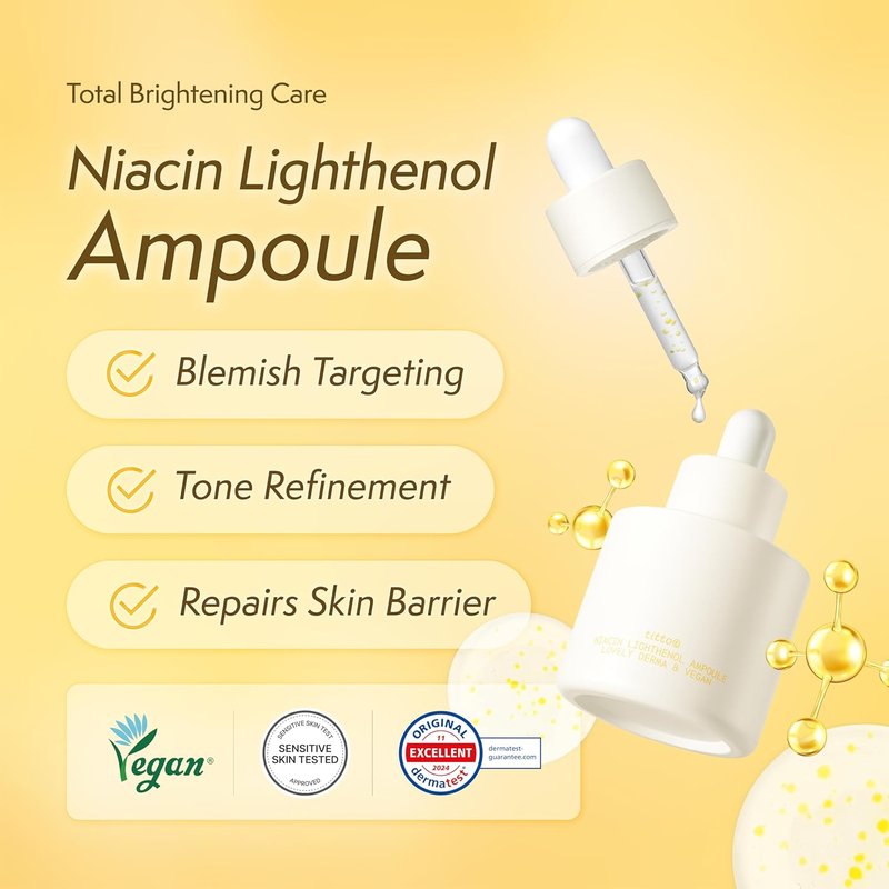 Niacin Lighthenol Ampoule - Korean Face Serum with Niacinamide & Alpha Arbutin for Brightening | 1.01 fl. oz / 30 ml