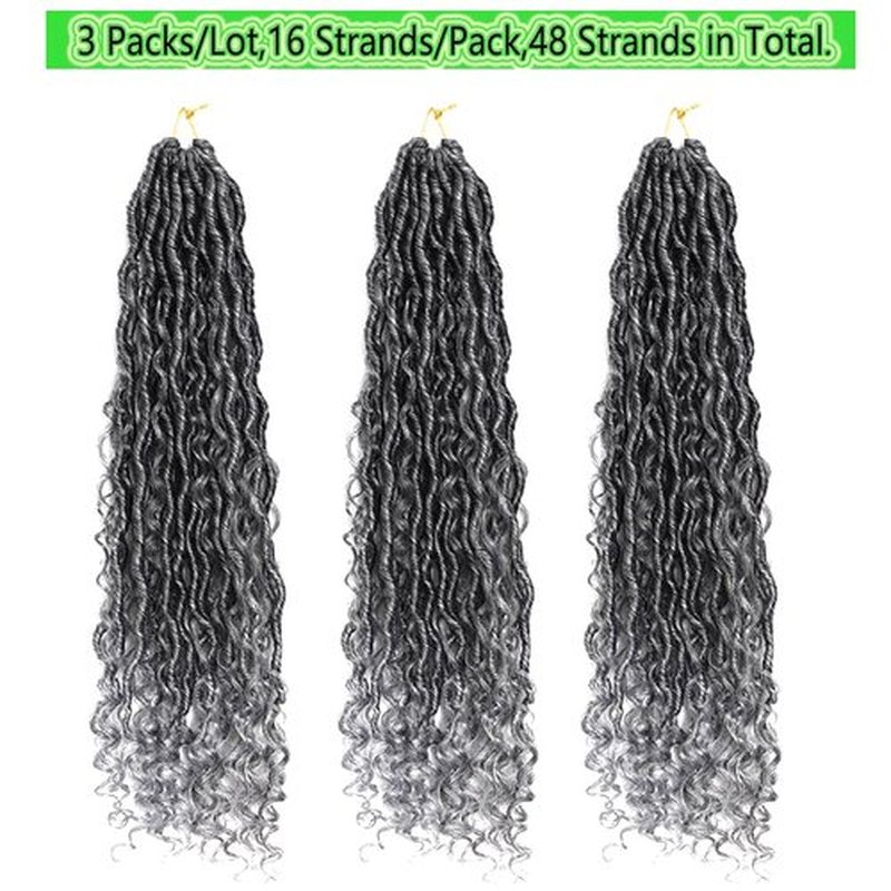 BALINGHAIR Goddess Locs Crochet Hair Ombre Black to Gray 22 Inch 3 Packs Bohemian Faux Locs Crochet Hair With Curly Ends Pre Looped Hair Extensions 16 Roots/Pack(1B/Gray)