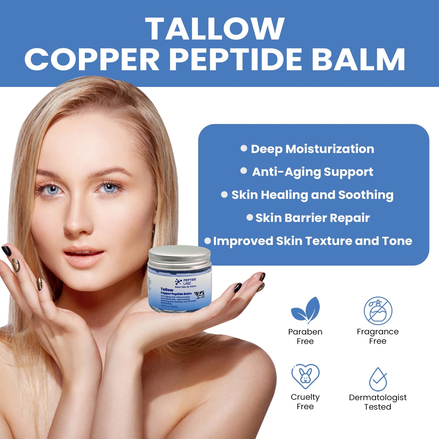 PeptideLabz Grass-Fed Tallow Face Balm for Dry Skin – Deep Moisture Barrier Repair with Honey Extract, Copper Tripeptide-1 & Licorice Root – Nourishing Skin Balm