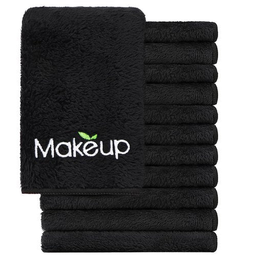 Orighty 12 Pack Premium Makeup Remover Wash Cloths - Super Soft, Quick Dry Microfiber Coral Fleece Face Makeup Towels for Cleansing, 13 x 13 Inch, Black