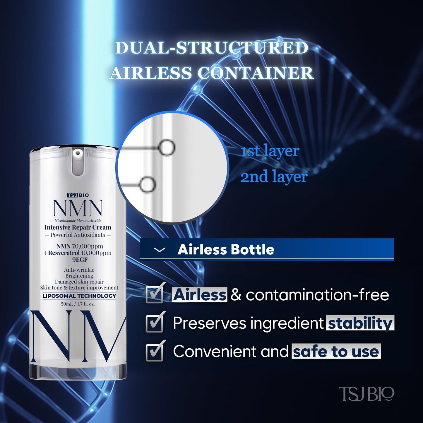 TSJ Bio NMN Intensive Renewal Cream - Luxurious Night Treatment with NMN 70,000PPM, Resveratrol & 9 Growth