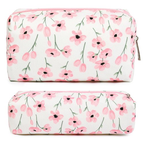 SOIDRAM Makeup Bag Corduroy Cosmetic Bag Cute Pink Floral Makeup Pouch 1Pcs Large Capacity Makeup Bags and 1Pcs Makeup Brushes Storage Bag Travel Toiletry Bag Organizer