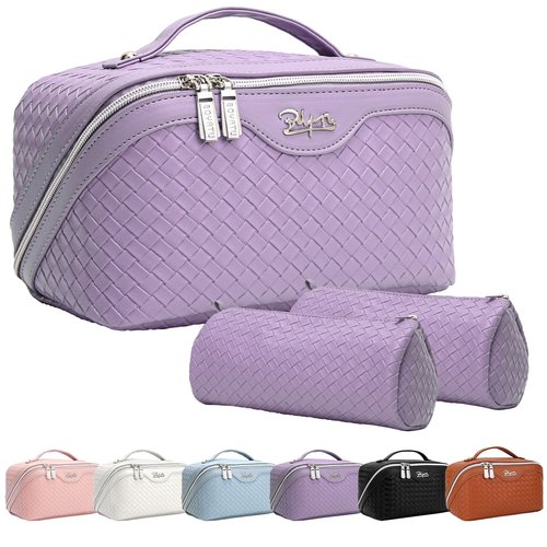Travel Makeup Bags Cosmetic Organizer Bag: Large Capacity Make up Bag Set of 3 - Vegan Leather Toiletry Bag for Women - Portable Makeup Organizer with Compartments & Handle & Divider (02 Purple)