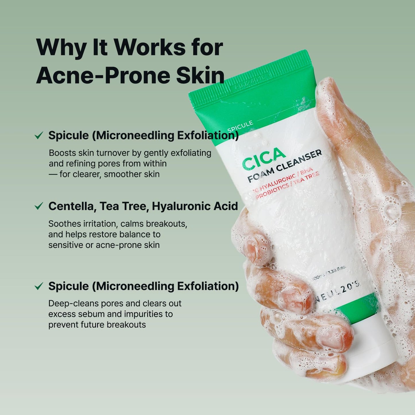 NEUL20S Spicule CICA Foam Cleanser, 3.38 fl oz/100ml | Hydrating Korean Face Wash with Centella Asiatica, Hyaluronic Acid & Tea Tree, Gentle Daily Cleanser for Sensitive & Acne-Prone Skin