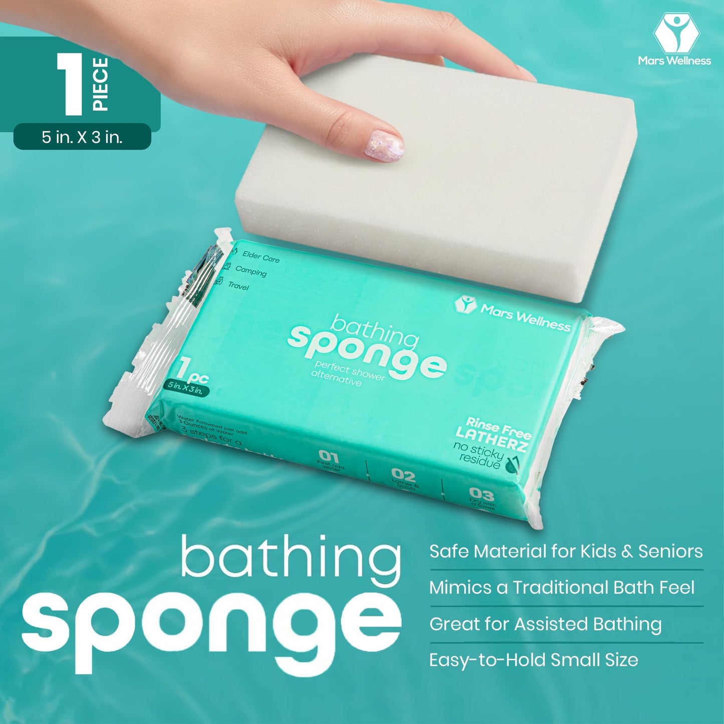 Latherz Rinse Free Bath Sponges for Adults for Sensitive Skin - 5 Pack Soap Infused No Rinse Bathing Wipes for Elderly Care, Post Surgery, Camping & Travel - Waterless Disposable Body Wash Cloths