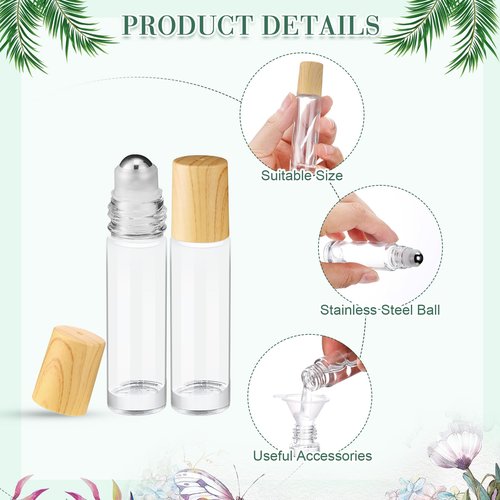 Sumind 150 Pcs Essential Oil Roller Bottles 10 ml Glass Roller Bottles with Stainless Steel Roller Balls Empty Bottles Leak Proof Roll on Bottles with 5 Funnel for Travel Essential Oil (Clear, Wood)