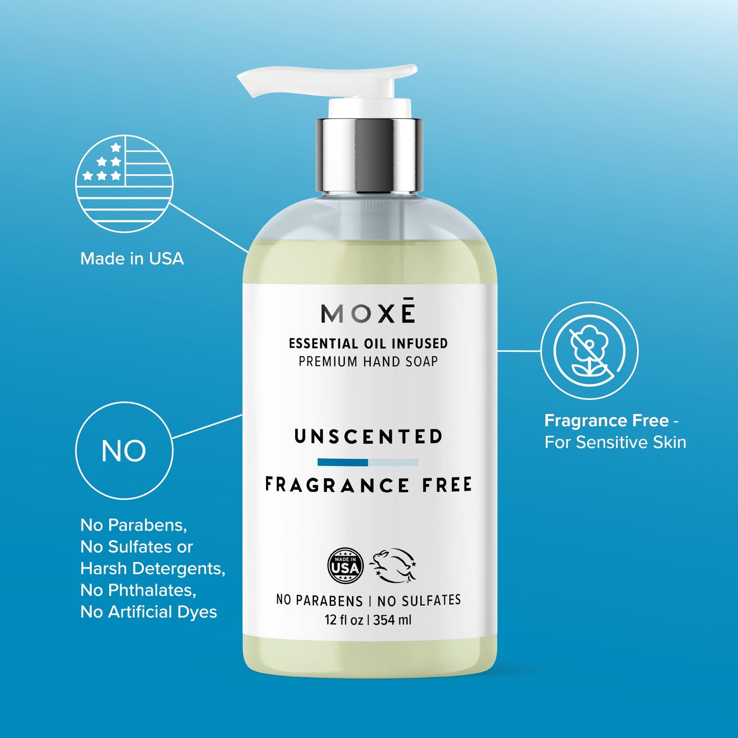 MOXE All Natural Hand Wash – Unscented Fragrance-Free– Gentle Formula, Organic & Plant-Based – For Kitchen & Bathroom – Biodegradable, Vegan, Cruelty-Free, No Sulfates or Parabens – 12 oz
