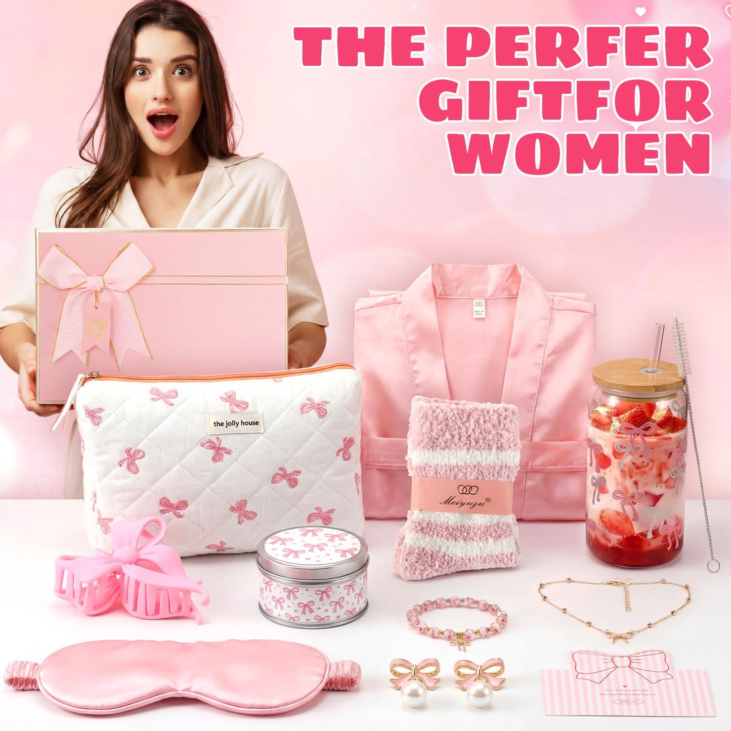 Jiuguva 12 Pcs Pink Bow Birthday Gifts for Women Teen Girls Spa Gift Basket for Graduation, Robe Eye Mask Socks Bracelets Earring Necklace Tumbler Makeup Bag Hair Clip Scented Candle with Box and Card