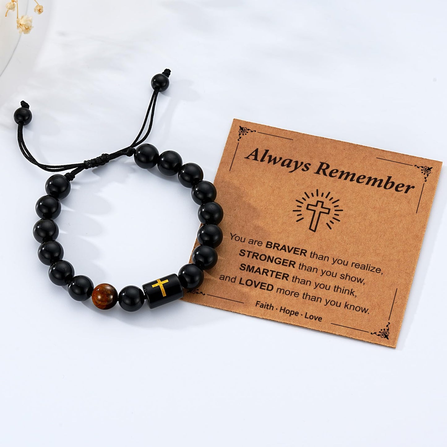 Miss Chipmunk Cross Bracelets for Men Cross Handmade Natural Black Onyx Tiger Eye Stone Beads Bracelet Christian Christmas Easter Birthday Gifts for Him