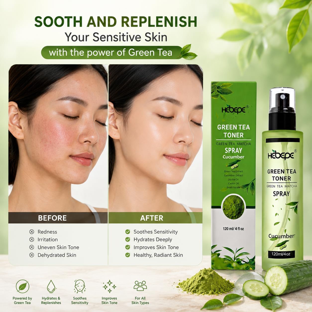 Hebepe Green Tea Matcha Facial Toner with Rose Petal, Refreshing, and Soothing Face Toner, with Rose Oil, Aloe Vera,120ml