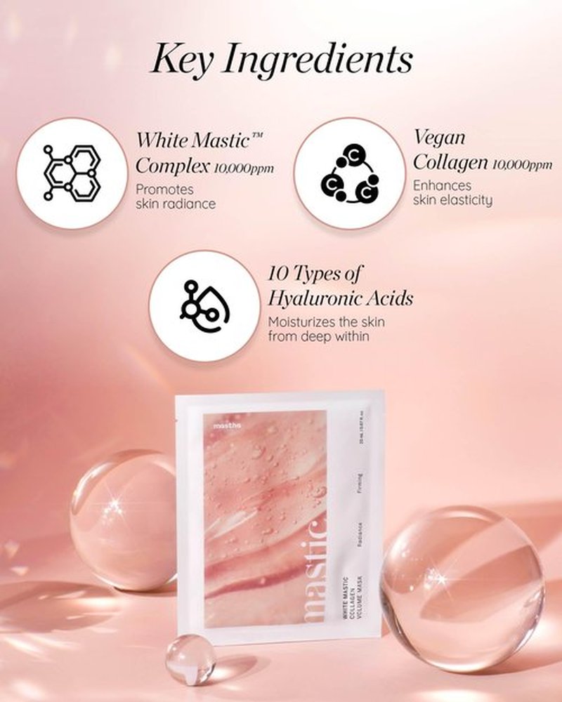 MASTINA White Mastic Face Mask (Collagen Volume, 4 pc) - Premium Korean Skin Care for Skin Elasticity & Radiance. Rough, Sagging Skin. White Mastic, Hyaluronic Acid