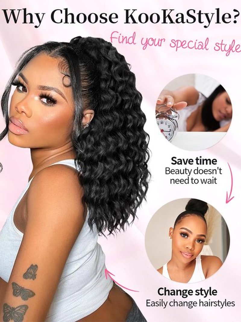KooKaStyle Curly Ponytail Extension Fluffy Drawstring Ponytail for Women Kinky Curly Clip in Hair Extensions Long Curly Wavy Ponytail Extension Synthetic Hairpiece for Daily Use(18 Inch,Black)