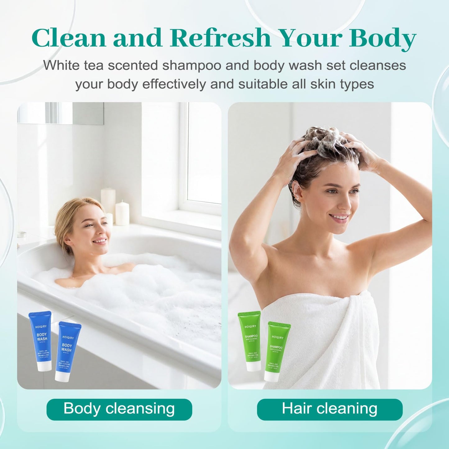 HOIQIRY 50 Set Travel Size Shampoo and Body Wash Bulk,100 pack Individually Wrapped 30ml/1 fl oz Mini Hotel Toiletries Cleaning Supplies for Guests,Travel,Homeless,Charity