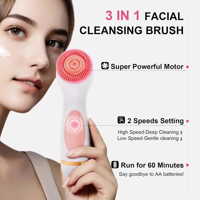 Electric Facial Cleansing Brush - 3-in-1 Waterproof Scrubber with 3 Brush Heads for All Skin Types | Rechargeable & Pink