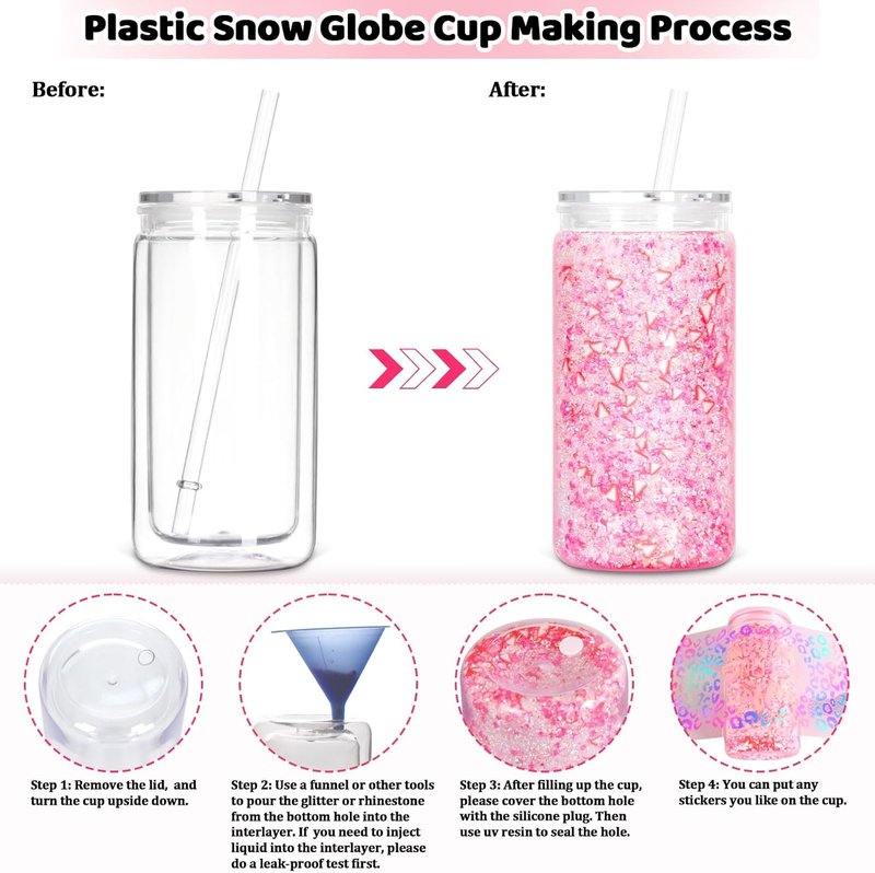 Snow Globe Tumbler - 16 Oz Double Wall Plastic Can with Lid & Straw | 8 Pack for DIY Glitter Gifts