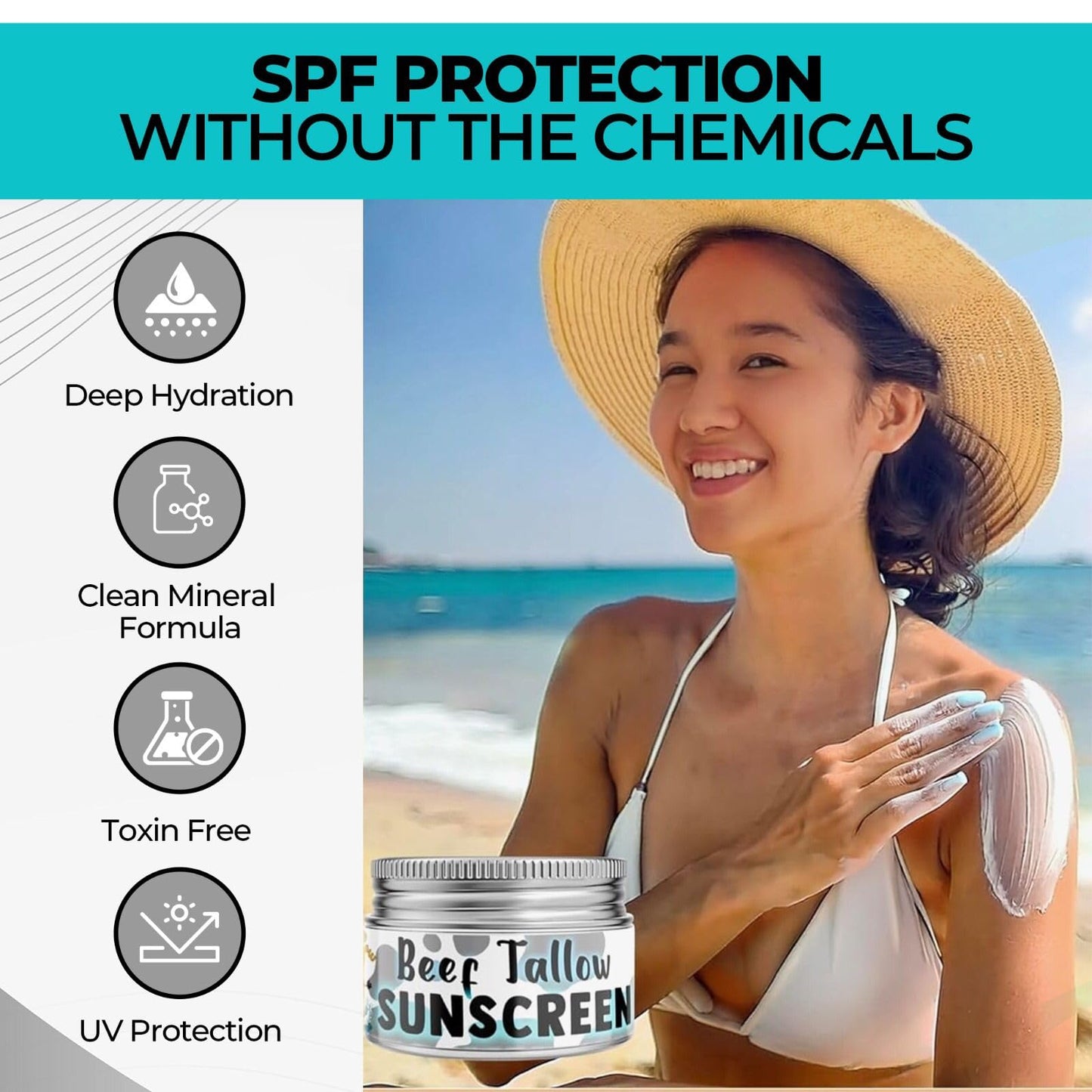 Get Wavy Organics Beef Tallow Sunscreen SPF 30 – Organic Mineral Sunblock with Zinc Oxide | Non-Greasy 2-in-1 Moisturizer & Sunscreen | Natural UV Protection for Face and Body | 2 oz