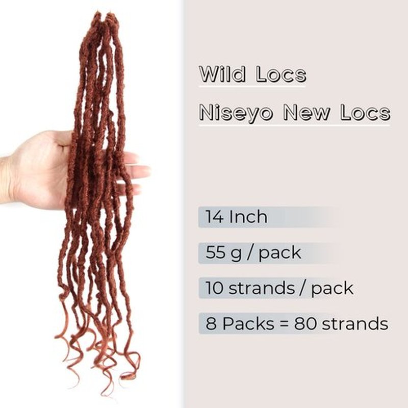 Niseyo Wild Locs 14 Inch Distressed New Faux Locs with Curly Ends 8 Packs Long Soft Pre-looped Goddess Locs Crochet Hair (350#, Ginger Red)