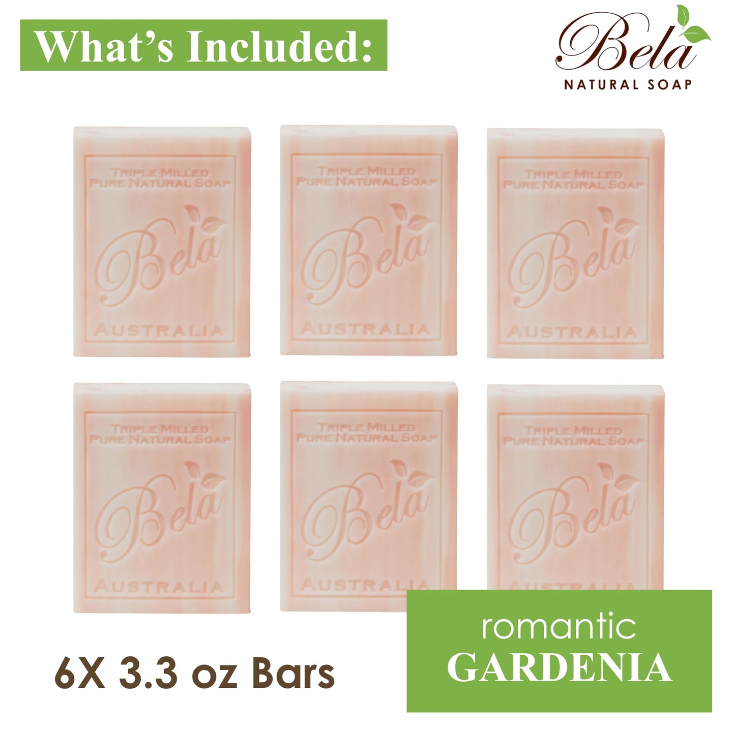 BELA Romantic Gardenia Soap 3.3 OZ Pack of 6, Long Lasting French Triple Milled Bar Soap with Organic Shea Butter Hand, Face and Body Wash Bar, Made in Australia