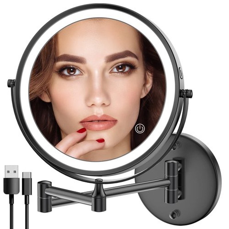 Rocollos Rechargeable Wall Mounted Lighted Makeup Mirror, 8 Inch Double-Sided LED Vanity Mirror 1X/10X Magnification,3 Color Lights Touch Screen Dimmable 360°Swivel (Black, 10X)