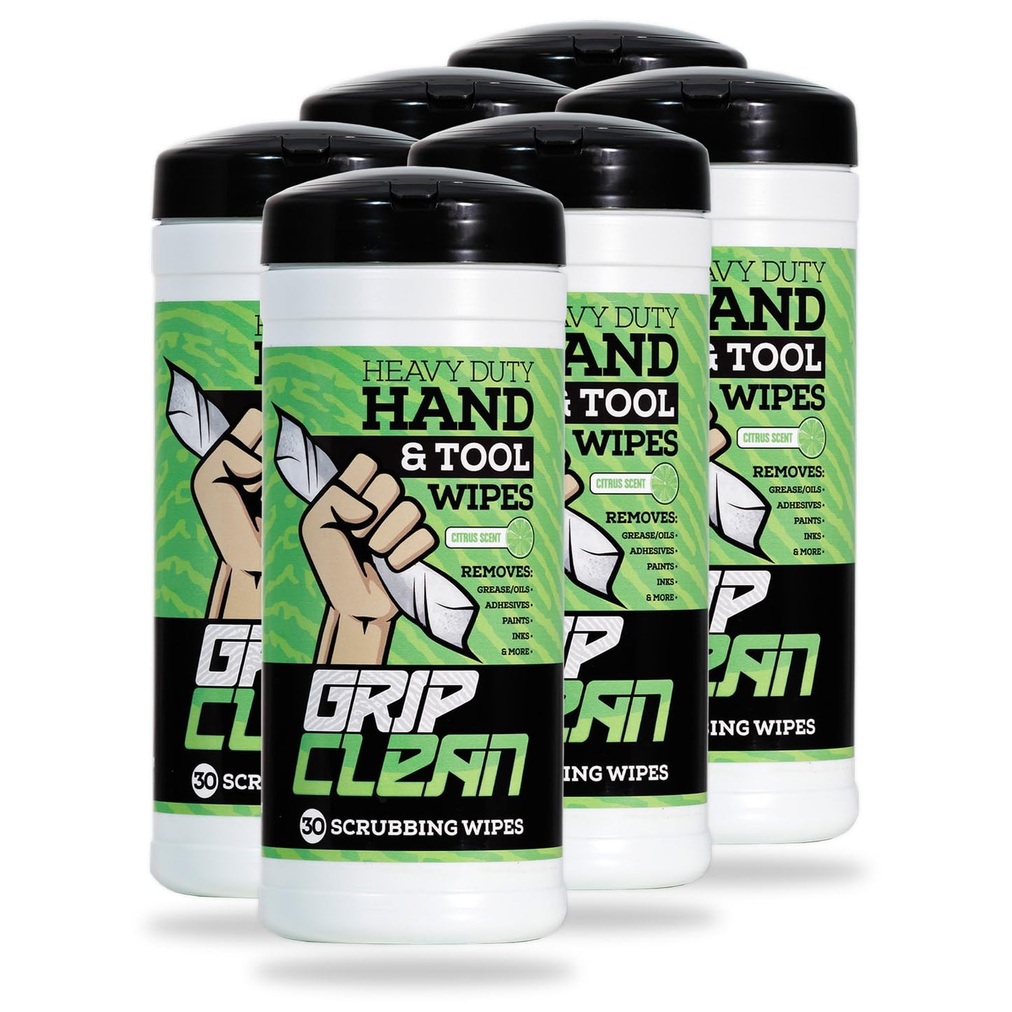 Grip Clean Heavy Duty Hand & Tool Cleaning Wipes – Waterless Hand Cleaner for Mechanics, Garage & Shop Use – Dual-Sided Grease, Oil & Paint Remover Wipes with Citrus Scent - 30ct (6 Pack)