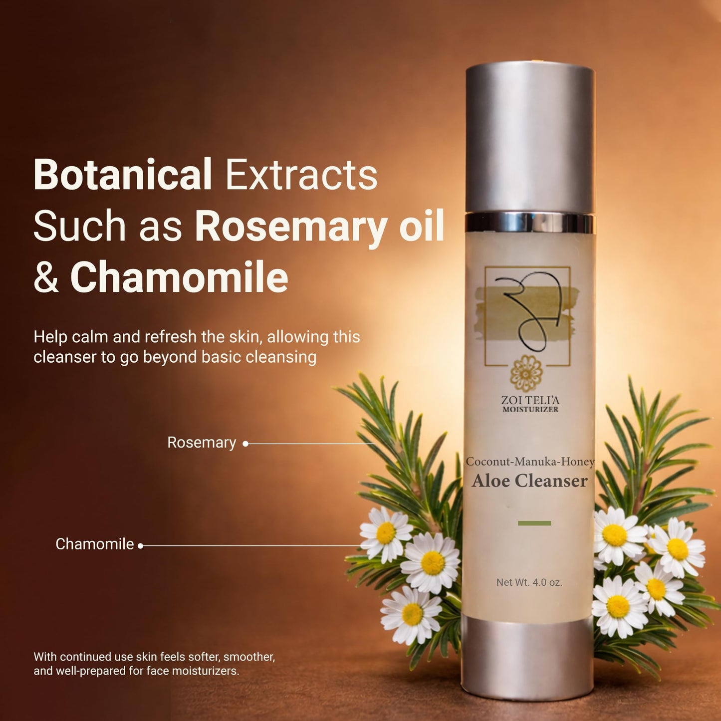 Zoi Teli'a Coconut Manuka Honey Aloe Facial Cleanser Balance Moisture, Rejuvenate & Hydrate Skin with Chamomile, Rosemary, Almond & Jojoba Oils – Cleansing Gel for Soft, Supple and Gentle Skin – 4 Oz