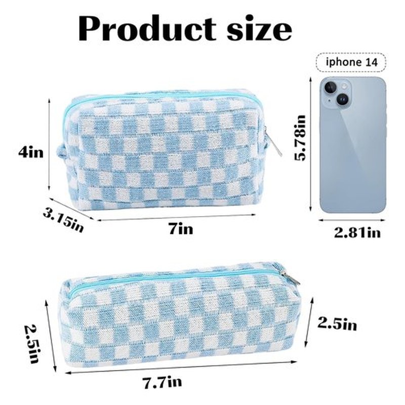 ZLFSRQ 2Pcs Checkered Makeup Bag for Women Pencil Pouch Travel Small Cosmetic Bag Set Cute Makeup Pouch Purse Pencil Case Pencil Bag Zippered Toiletry Bag Organizer Preppy Trendy Storage Bag(Blue)