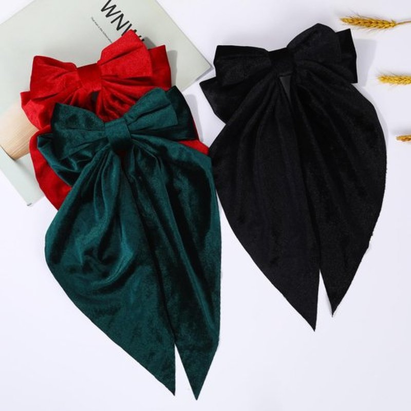 Oversized Velvet Hair Bows for Women Girls,Long Tail Handmade Bowknot Barrettes Velvet Bows Hair Accessories (Red & Black)