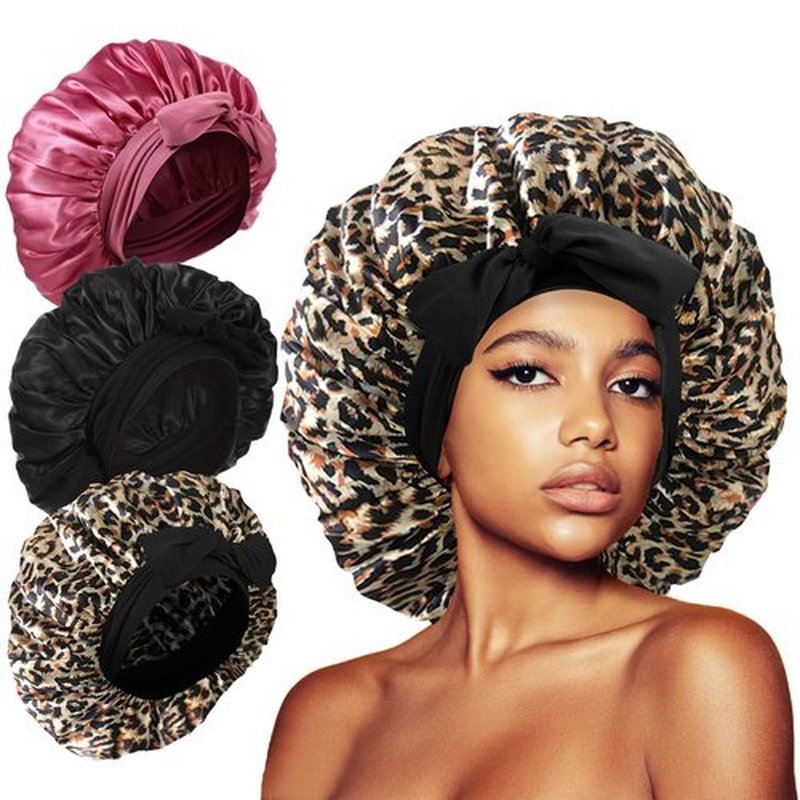 3Pcs Silk Bonnet for Sleeping, Satin Bonnet for Sleeping Extra Large Bonnet Hair Bonnets for Sleeping Black Curly Hair Women Jumbo Bonnet with Tie Band Braids (Black Leopard Rose-pink) shower cap
