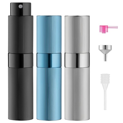 LISAPACK 8ml Stripe Perfume Atomizer Spray Bottle, 3pcs Travel Cologne Sprayer Refillable, Empty Mini Portable Perfume Dispenser (Black, Silver, Blue)