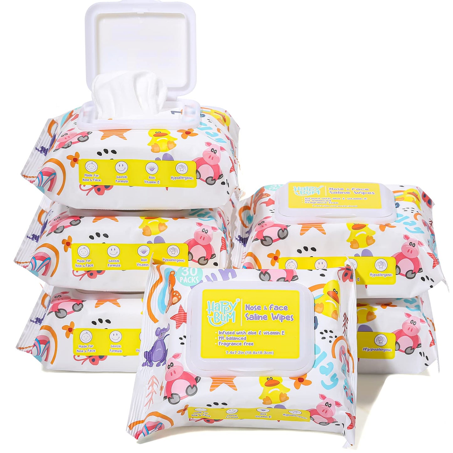 HAPPY BUM - 180 Count Saline Baby Wipes, Unscented, 7.4 x 7.2 Inch, Moist and Refreshing, Multi-Purpose Use, Ideal for Travel