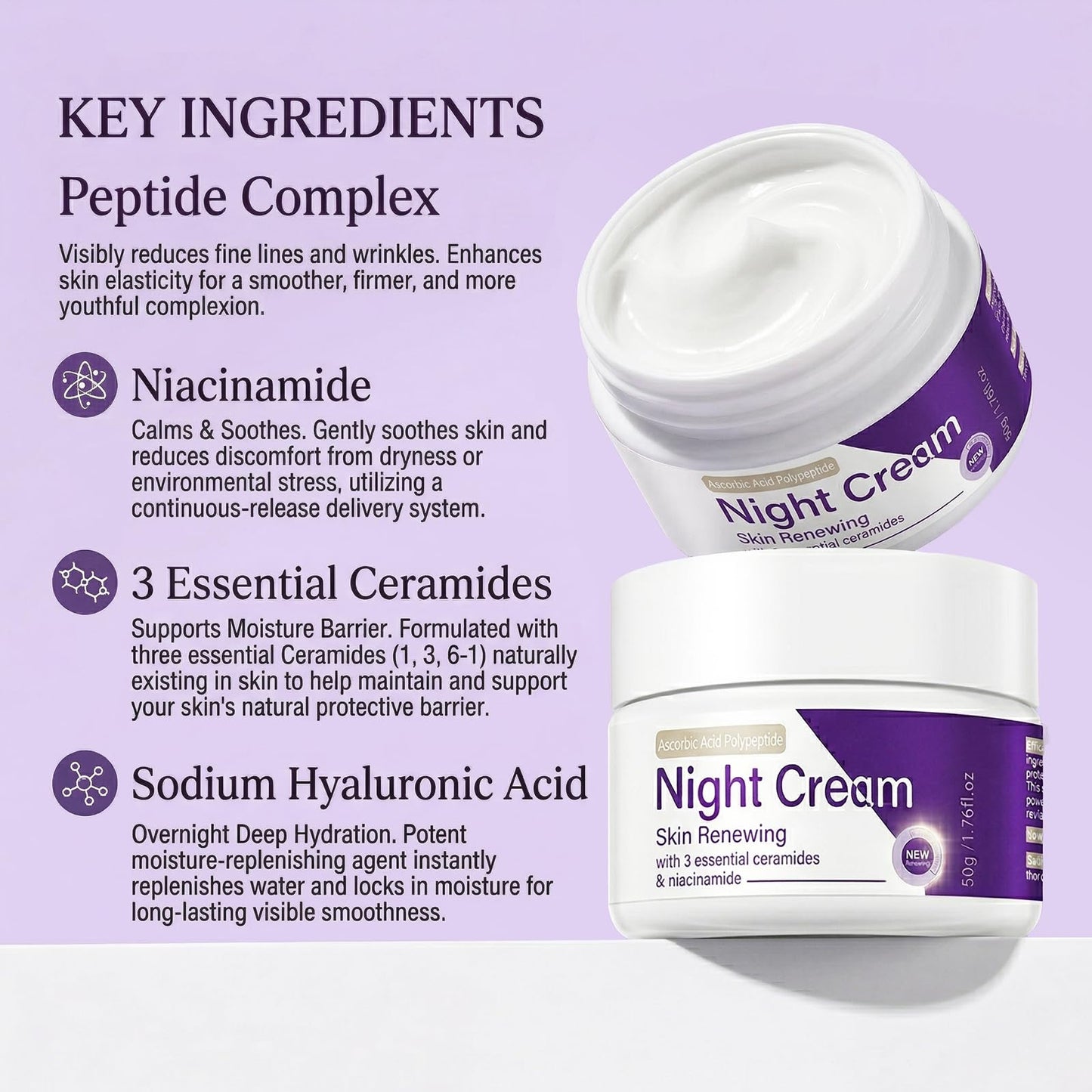 Skin Renewing Night Cream Face Moisturizer with Niacinamide, Peptide Complex, Hyaluronic Acid & Ceramides | Visibly Reduces Fine Lines & Enhances Skin Elasticity | For All Skin Types, 1.76 fl.oz
