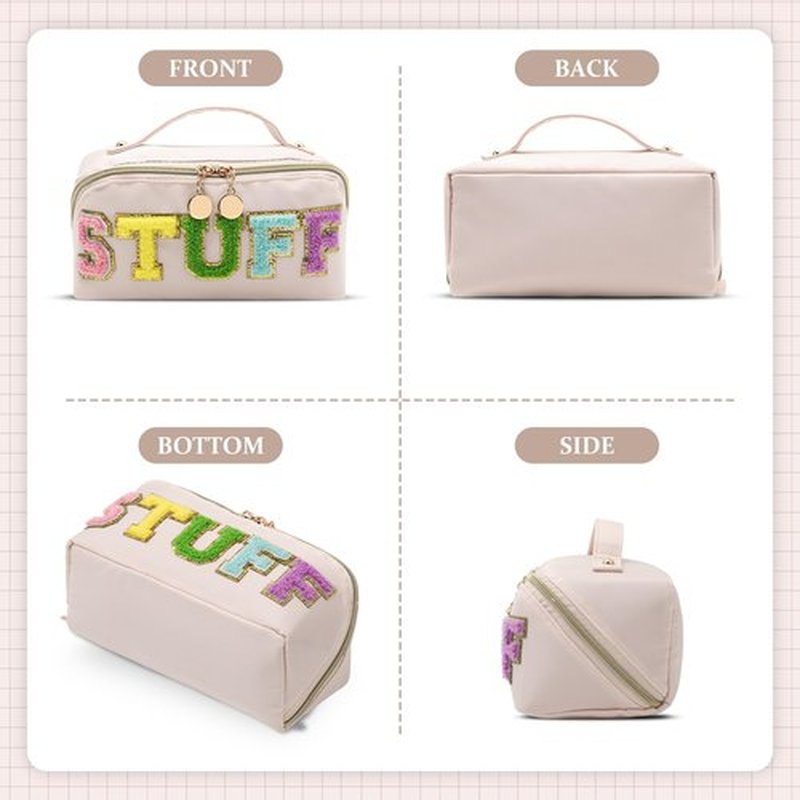LONEDREAM Stoney Clover Preppy Makeup Bag, Large Capacity Travel Cosmetic Bag, Chenille Letter Open Flat Nylon Stuff Makeup Bag, Preppy Patch Better Belt Everything Makeup Bag(White)
