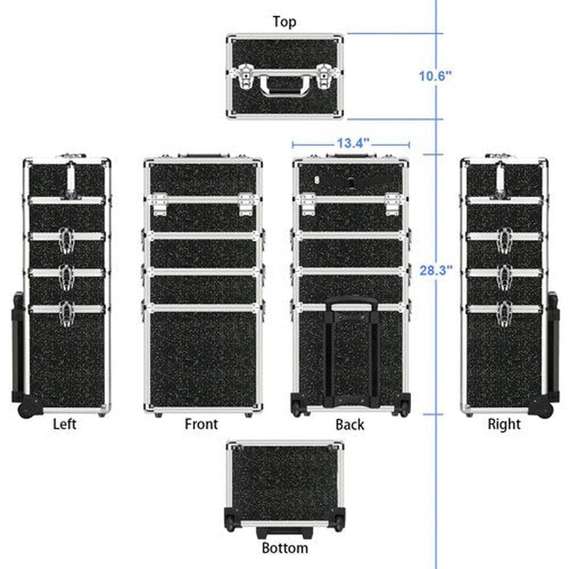 OUDMAY Makeup Case - 4 in 1 Professional Cosmetics Rolling Train Organizer with Aluminum Frame and Folding Trays Black Diamonds